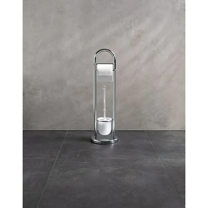Venus WC-Kombi-Bürstengarnitur Amicella - Höhe: 63 cm, Chrom, Metall - Freistehender Toilettenpapierhalter und Bürstenhalter mit Chromrahmen, Papierrolle und weißer Bürste mit Behälter.