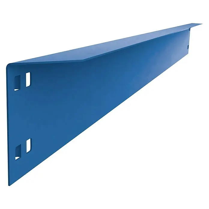 Simonrack Simontaller Travesaño para estanterías de carga pesada L 95 - L x An x Al: 90 x 6,9 x 3 cm, Azul - Primer plano de un inserto de estante metálico azul con recortes, ideal para organizar estanterías de almacenamiento.
