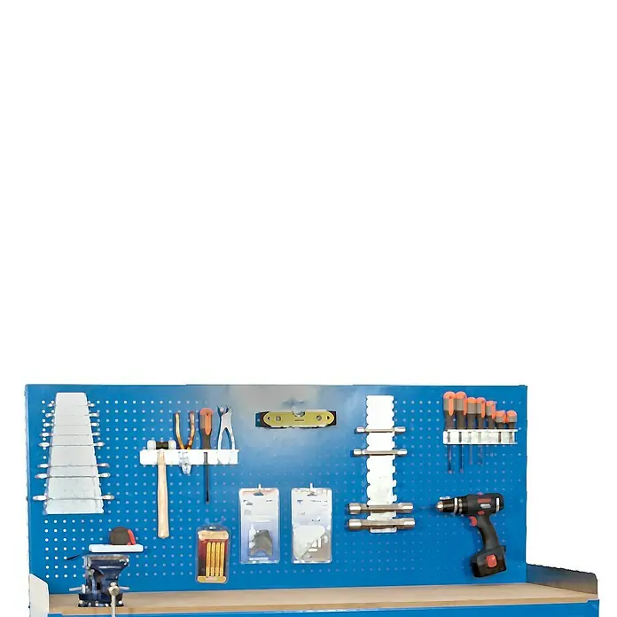 Simonrack Simonwork Zócalo BT6 - Largo: 1.200 mm, Galvanizado al fuego, Específico para: Bancos de trabajo BT6 Simonrack - Banco de trabajo con herramientas en el panel perforado azul. Taladro, destornilladores y otros utensilios organizados.
