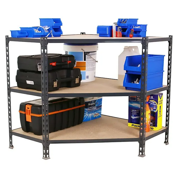 Simonrack Maderclick Abschlussregal Maderclick Corner - H x B x T: 90 x 90 x 50 cm, Traglast pro Boden: 200 kg, Anzahl Böden: 3 Stk., Stecken, Anthrazitgrau - Ein dreistufiges Regal mit verschiedenen Werkzeugen und Behältern, ideal zur Werkstattorganisation.