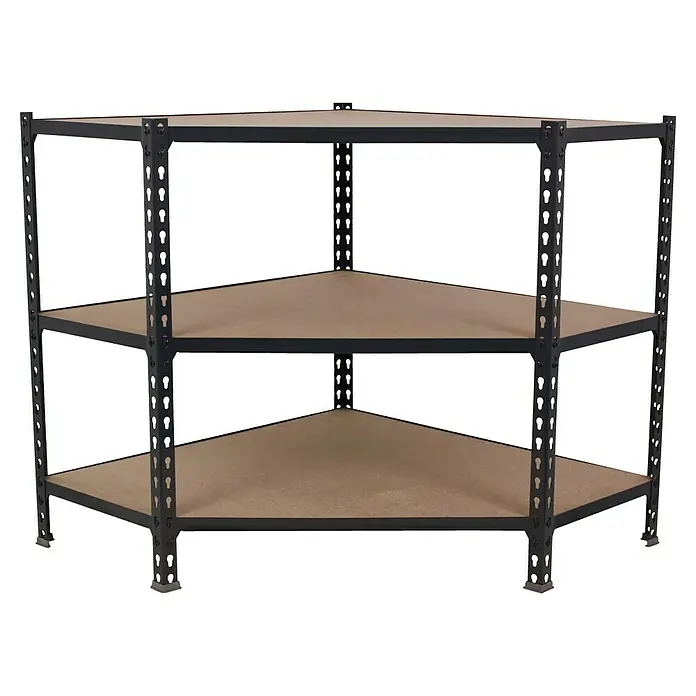 Simonrack Maderclick Abschlussregal Maderclick Corner - H x B x T: 90 x 90 x 50 cm, Traglast pro Boden: 200 kg, Anzahl Böden: 3 Stk., Stecken, Anthrazitgrau - Dreieckiges Eckregal mit drei Ebenen und schwarzem Metallrahmen, ideal für platzsparende Aufbewahrung in Ecken.