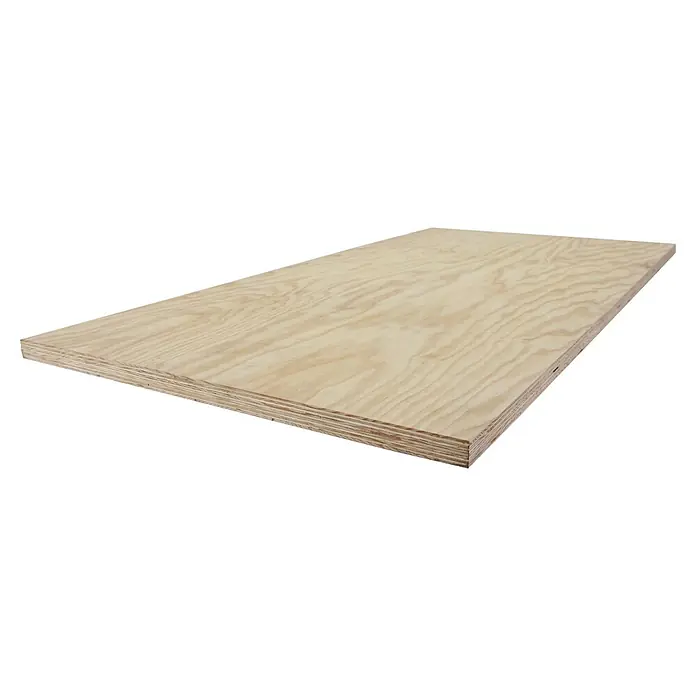 Simonrack Tablero para banco - L x An: 1.200 x 750 mm, Madera de pino, Espesor encimera: 15 mm - Primer plano de una lámina de madera contrachapada, destacando las capas y la veta natural de la madera.