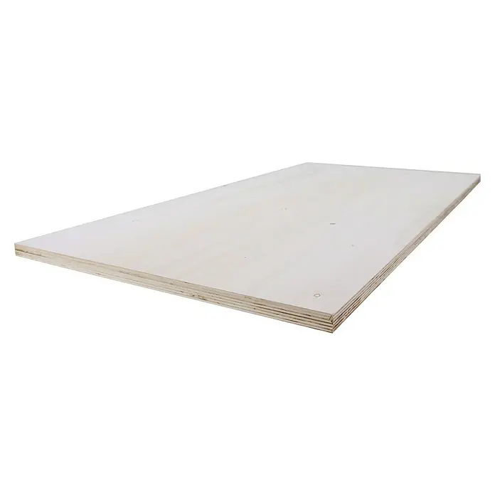 Simonrack Tablero para banco - L x An: 1.500 x 750 mm, Madera de chopo, Espesor encimera: 15 mm - Primer plano de una lámina de madera contrachapada sin tratar, que muestra un grano distinto y múltiples capas. Ideal para proyectos de construcción o muebles de bricolaje.
