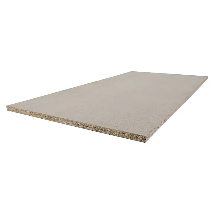 Simonrack Simonwork Spanplatte - L x B: 1.500 x 750 mm, Stärke Arbeitsplatte: 16 mm - Nahaufnahme einer MDF-Platte mit einer glatten, hellgrauen Oberfläche und sichtbarer Faserstruktur an den Kanten.