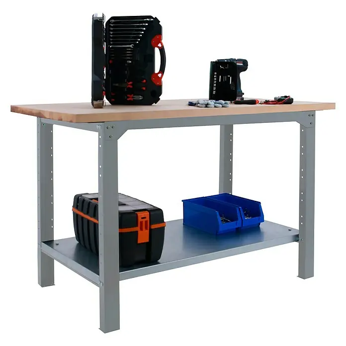 Simonrack Simonwork Werkbank BT6 PRO 1200 - L x B: 75 x 120 cm, Arbeitshöhe: 86,5 cm, Belastbarkeit: 1.300 kg, Silber/Holz - Werkbank mit Werkzeugkasten, Akkuschrauber und Sortierkästen auf zwei Ebenen. Ideal für Handwerker und Heimwerker.