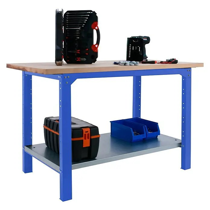 Simonrack Simonwork Werkbank BT6 PRO 1200 - L x B: 75 x 120 cm, Arbeitshöhe: 86,5 cm, Belastbarkeit: 1.300 kg, Blau/Holz - Werkbank mit Werkzeugkasten, Schraubenschlüsselset, Akkuschrauber, Handschuhen und Kleinteileboxen, ideal für Werkstattarbeiten.