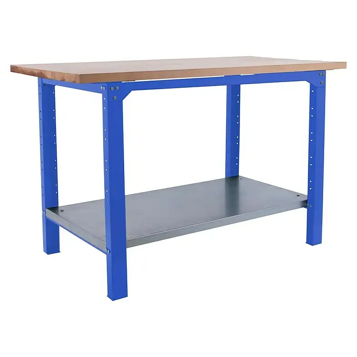 Simonrack Simonwork Werkbank BT6 PRO 1200 - L x B: 75 x 120 cm, Arbeitshöhe: 86,5 cm, Belastbarkeit: 1.300 kg, Blau/Holz - Der blaue Werktisch mit einer Holzplatte und einer Ablage ist robust und ideal für Werkstätten.