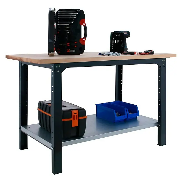 Simonrack Simonwork Werkbank BT6 PRO 1200 - L x B: 75 x 120 cm, Arbeitshöhe: 86,5 cm, Belastbarkeit: 1.300 kg, Schwarz/Holz - Werkbank mit Werkzeugkasten, Schraubstock und Bohrmaschine für Handwerker und Heimwerker. Robuste Arbeitsfläche und viel Stauraum.