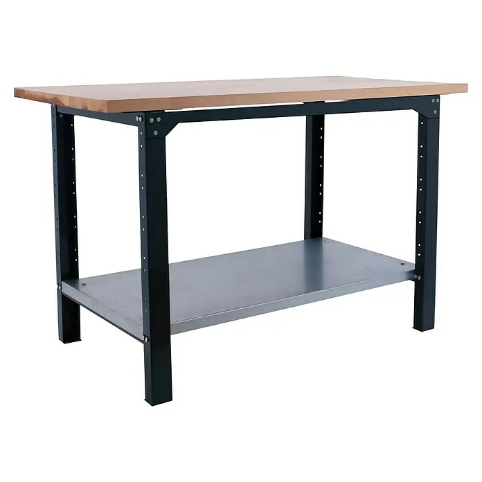 Simonrack Simonwork Werkbank BT6 PRO 1200 - L x B: 75 x 120 cm, Arbeitshöhe: 86,5 cm, Belastbarkeit: 1.300 kg, Schwarz/Holz - Eine robuste Werkbank mit Holzplatte und Stahlgestell. Ideal für Werkstätten und Hobbyräume. Zusätzliche Ablagefläche für Werkzeuge.