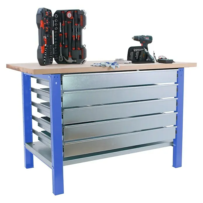 Simonrack Simonwork Banco de trabajo BT6L PRO Box Laminate - L x An: 75 x 150 cm, Altura de trabajo: 86,5 cm, Carga soportada: 1.000 kg, Azul - Banco de trabajo con cajones y herramientas, ideal para aficionados al bricolaje y profesionales. La caja de herramientas y el taladro lo completan.