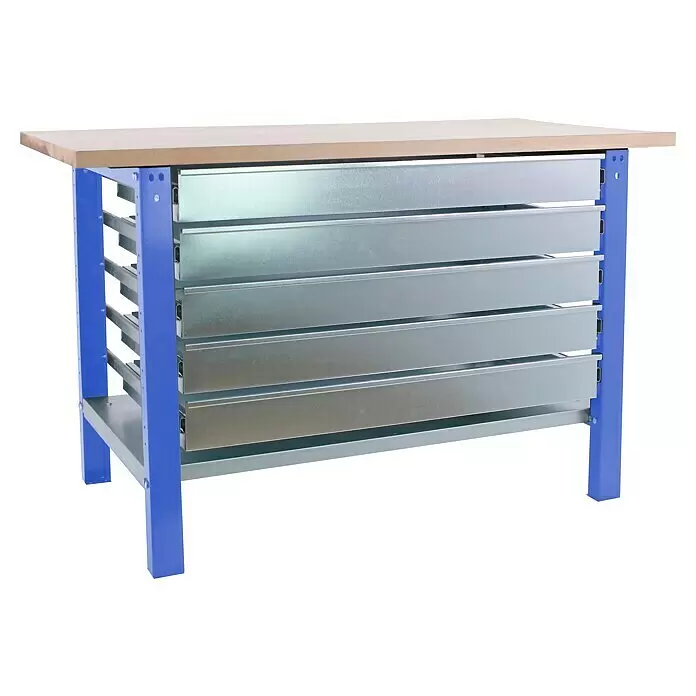 Simonrack Simonwork Banco de trabajo BT6L PRO Box Laminate - L x An: 75 x 150 cm, Altura de trabajo: 86,5 cm, Carga soportada: 1.000 kg, Azul - Banco de trabajo metálico azul con tablero de madera y cinco cajones metálicos plateados.