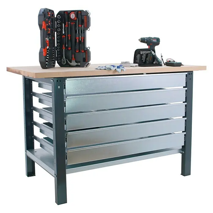 Simonrack Simonwork Banco de trabajo BT6L PRO Box Laminate - L x An: 75 x 150 cm, Altura de trabajo: 86,5 cm, Carga soportada: 1.000 kg, Antracita - Banco de trabajo con tablero de madera y cajones para guardar herramientas y accesorios.
