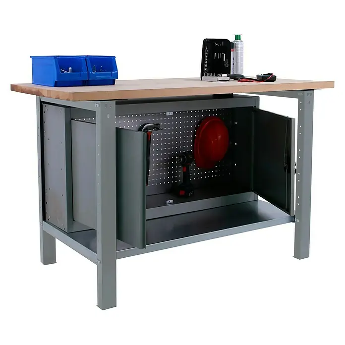 Simonrack Simonwork Werkbank BT6 PRO CABINET 1200 - L x B: 75 x 120 cm, Arbeitshöhe: 86,5 cm, Belastbarkeit: 1.300 kg, Grau/Holz - Werkbank mit Schublade, Ablage, Werkzeug und Zubehör. Praktische Werkstatteinrichtung mit viel Stauraum für Handwerker und Hobbybastler.