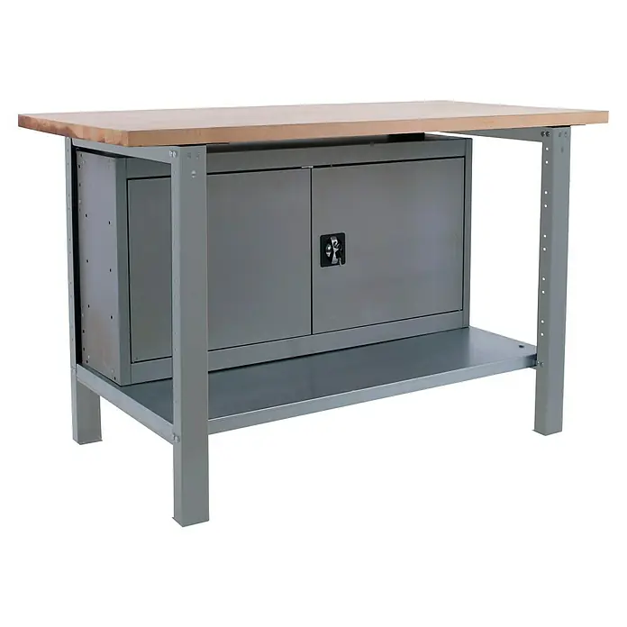 Simonrack Simonwork Werkbank BT6 PRO CABINET 1200 - L x B: 75 x 120 cm, Arbeitshöhe: 86,5 cm, Belastbarkeit: 1.300 kg, Grau/Holz - Werkbank mit Holzplatte und abschließbarem Metallschrank mit Fachboden. Ideal für Werkstatt und Hobbyraum.