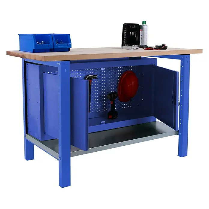 Simonrack Simonwork Werkbank BT6 PRO CABINET 1200 - L x B: 75 x 120 cm, Arbeitshöhe: 86,5 cm, Belastbarkeit: 1.300 kg, Blau/Holz - Werkbank mit blauen Stützen, hellbrauner Arbeitsplatte und Werkzeugen für die Aufbewahrung, ideal für jede Werkstatt.