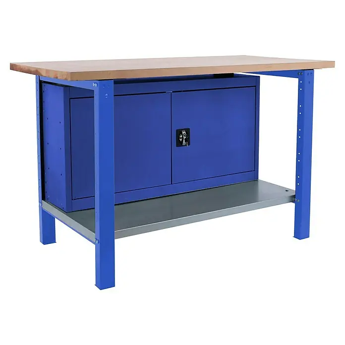 Simonrack Simonwork Werkbank BT6 PRO CABINET 1200 - L x B: 75 x 120 cm, Arbeitshöhe: 86,5 cm, Belastbarkeit: 1.300 kg, Blau/Holz - Werkbank mit blauen Metallbeinen, grauem Regal und einer hölzernen Arbeitsfläche.