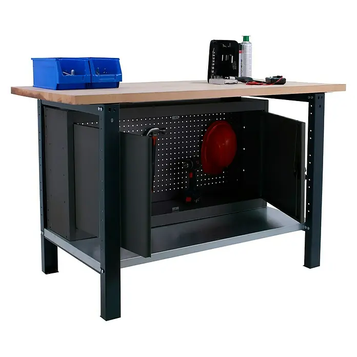 Simonrack Simonwork Werkbank BT6 PRO CABINET 1200 - L x B: 75 x 120 cm, Arbeitshöhe: 86,5 cm, Belastbarkeit: 1.300 kg, Schwarz/Holz - Werkbank mit robustem Design und viel Stauraum für Werkzeuge, inklusive Werkzeugkasten und Ablagefläche.