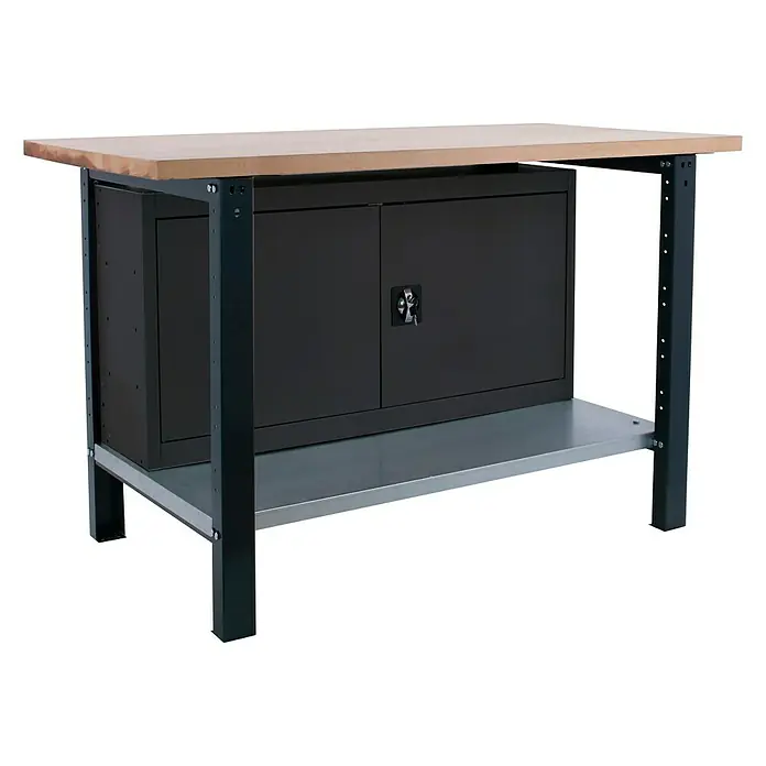 Simonrack Simonwork Werkbank BT6 PRO CABINET 1200 - L x B: 75 x 120 cm, Arbeitshöhe: 86,5 cm, Belastbarkeit: 1.300 kg, Schwarz/Holz - Werkbank mit Holzplatte, schwarzem Schrank und grauem Regal. Ideal für Werkstattarbeiten und zur Aufbewahrung von Werkzeugen.
