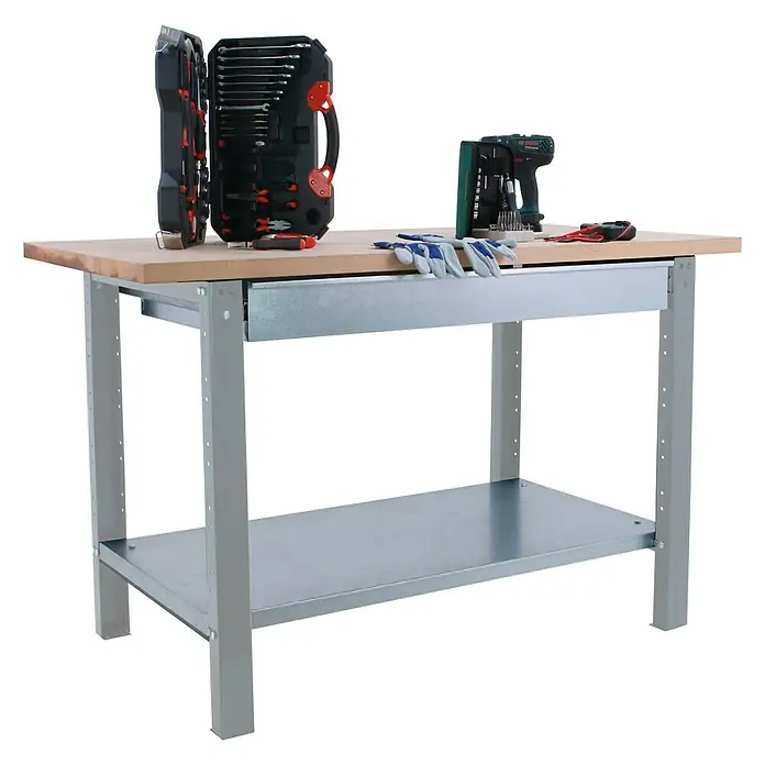 Simonrack Simonwork Werkbank BT6 PRO BOX 1200 - L x B: 75 x 120 cm, Arbeitshöhe: 86,5 cm, Belastbarkeit: 1.335 kg, Silber/Holz - Werkbank mit Werkzeugkoffer, Schraubendreher und Handschuhen.
