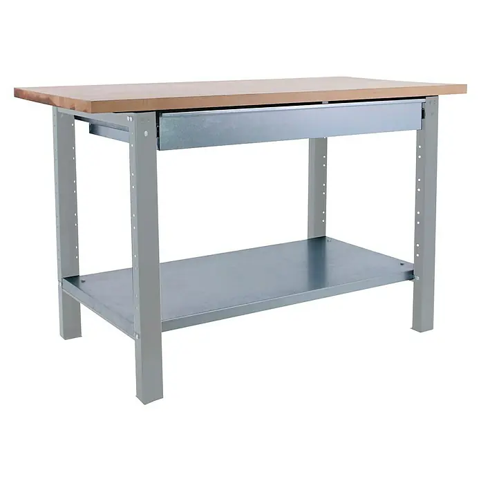 Simonrack Simonwork Werkbank BT6 PRO BOX 1200 - L x B: 75 x 120 cm, Arbeitshöhe: 86,5 cm, Belastbarkeit: 1.335 kg, Silber/Holz - Werkbank mit Schublade und Ablagefläche. Ideal für Werkstattarbeiten und Hobbyprojekte, die Ordnung und Platz erfordern.