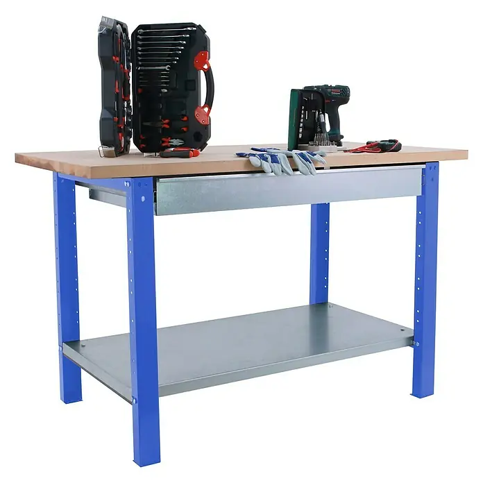 Simonrack Simonwork Werkbank BT6 PRO BOX 1200 - L x B: 75 x 120 cm, Arbeitshöhe: 86,5 cm, Belastbarkeit: 1.335 kg, Blau/Holz - Werkbank mit Werkzeugen und Zubehör. Die robuste Werkbank bietet viel Platz für alle Heimwerkerprojekte.
