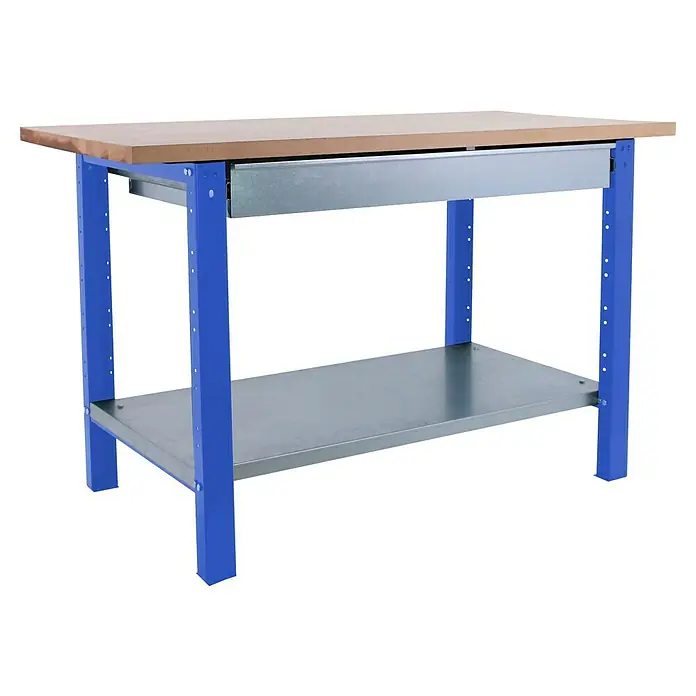 Simonrack Simonwork Werkbank BT6 PRO BOX 1200 - L x B: 75 x 120 cm, Arbeitshöhe: 86,5 cm, Belastbarkeit: 1.335 kg, Blau/Holz - Werkbank mit einer hölzernen Arbeitsfläche, blauen Beinen und einer Metallablage. Ideal für Werkstattarbeiten und Heimwerkerprojekte.