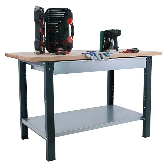 Simonrack Simonwork Werkbank BT6L PRO 1BOX 1500 - L x B: 75 x 150 cm, Arbeitshöhe: 86,5 cm, Belastbarkeit: 1.335 kg, Schwarz/Holz - Werkbank mit Werkzeugkasten, Bohrmaschine, Schraubendrehern und Arbeitshandschuhen. Ideal für Heimwerkerarbeiten.