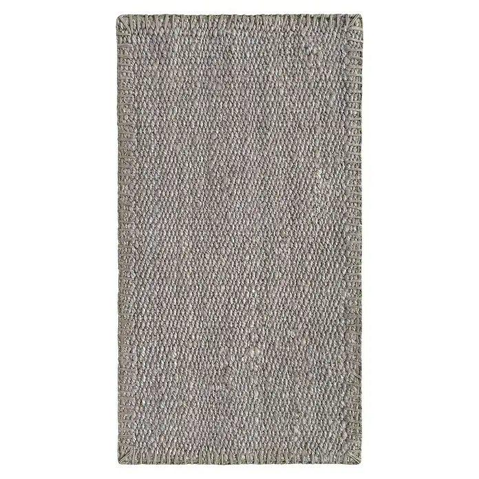 Alfombra de yute Córdoba - Gris, 110 x 60 cm, 100% yute - Primer plano de una alfombra rectangular de sisal beige con un borde cosido decorativo, que muestra una textura natural y estética robusta.