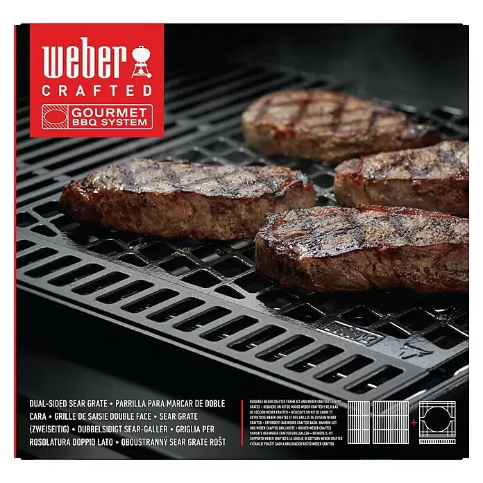 Weber Crafted Parrilla para barbacoa Sear Grate - L x An: 41,4 x 40,6 cm, Hierro fundido - Rejilla de sellado de doble cara de hierro fundido negro con filetes a la parrilla.