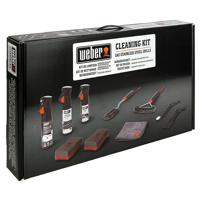 Weber Reinigungs-Set Edelstahl - 10 -tlg. - Weber Reinigungsset für Gasgrills aus Edelstahl in einer schwarzen Verpackung, ideal für die Grillpflege.