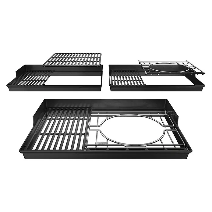 Weber Crafted Módulo base - Específico para: Parrillas de gas Weber Spirit Series a partir de 2016 / Parrillas de pellets Weber Smokefire - Tres vistas de un inserto de parrilla negro con rejillas y un inserto circular en varias configuraciones.