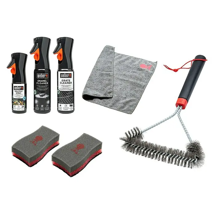 Weber Reinigungs-Set Holzkohle - 7 -tlg. - Abbildung eines Weber-Grillreinigungssets, das Sprays, Schwämme, ein Tuch und eine Bürste für die Grillpflege enthält.