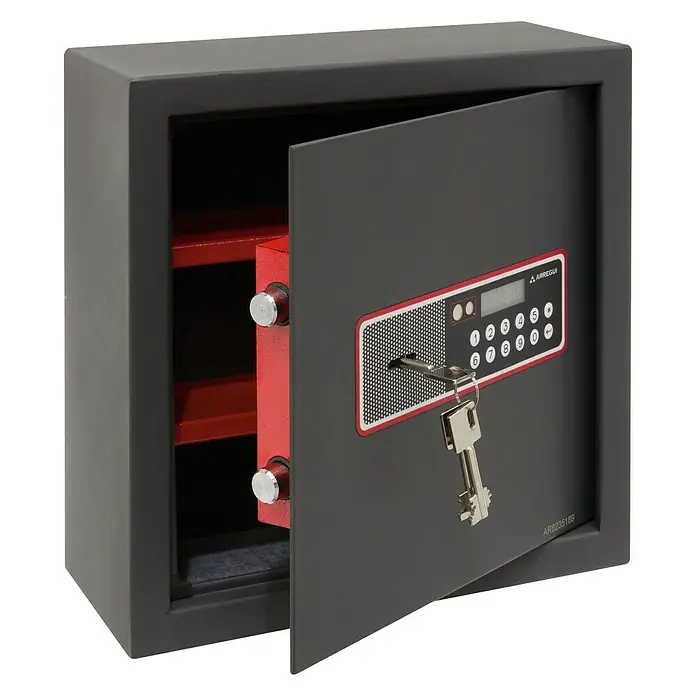Arregui Caja fuerte Cover 172060 - L x An x Al: 35 x 15 x 35 cm, Tipo de bloqueo: Códigos de usuario - Caja fuerte abierta con interior rojo, teclado numérico y llave. Almacenamiento seguro para objetos de valor.