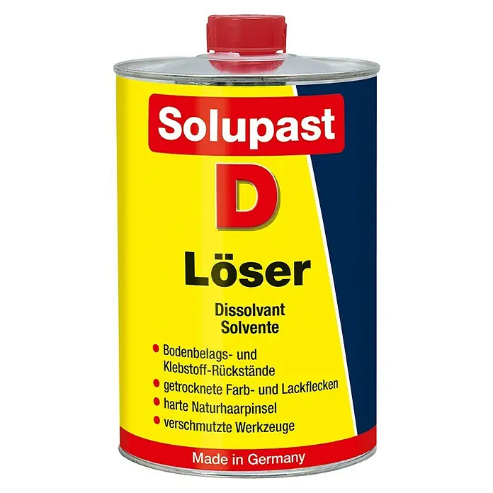 Löser Solupast D - 1 l - Produktbild von Solupast D Löser, einem Lösungsmittel zur Entfernung von Klebstoffresten, Farbflecken und zur Reinigung von Werkzeugen.