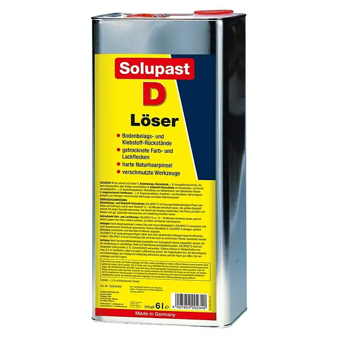 Löser Solupast D - 6 l - Solupast D Löser: Entfernt Bodenbeläge, Klebstoffreste, Farbflecken und reinigt Werkzeuge. Ein effektiver Problemlöser für hartnäckige Rückstände.