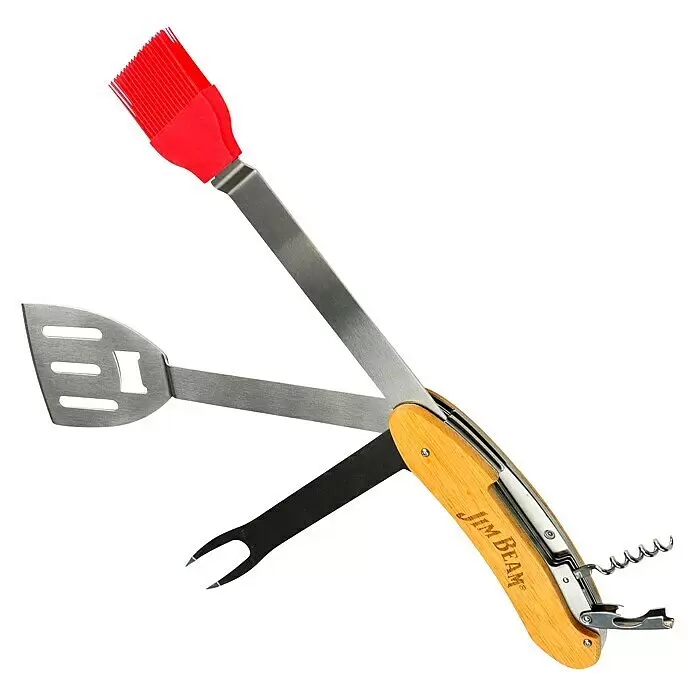 Jim Beam Grillbesteck - Länge: 42,3 cm, Silikon - Jim Beam BBQ-Multifunktionswerkzeug mit Holzgriff, Spachtel, rotem Backpinsel, Gabel, Korkenzieher und Flaschenöffner.