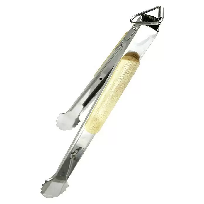 Jim Beam Grillbesteck Set - 5 -tlg. - Metall-Jim Beam-Zange mit hellem Holzgriff, gezackten Greifspitzen und einer Aufhängeöse.