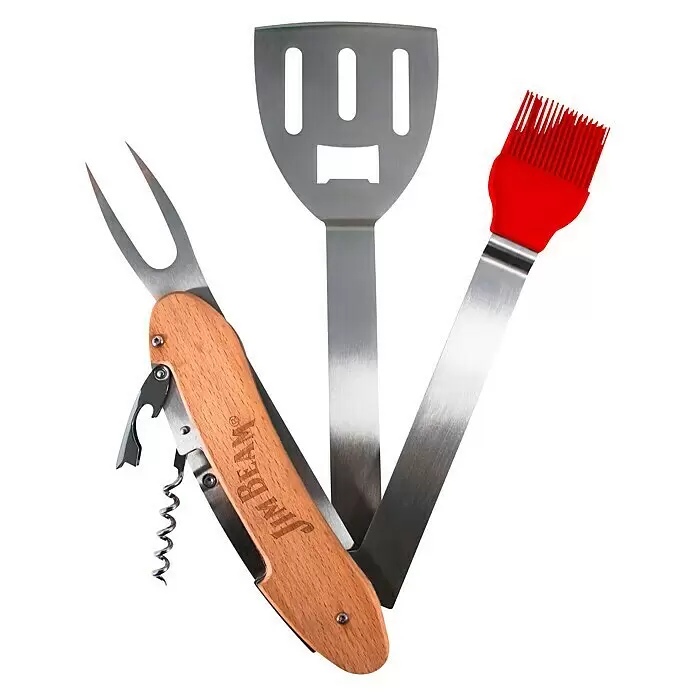 Jim Beam Grillbesteck - Länge: 42,3 cm, Silikon - Metall-Multitool-BBQ-Set mit hölzernem Jim Beam-Griff, Spatel, Pinsel, Gabel, Korkenzieher und Flaschenöffner.