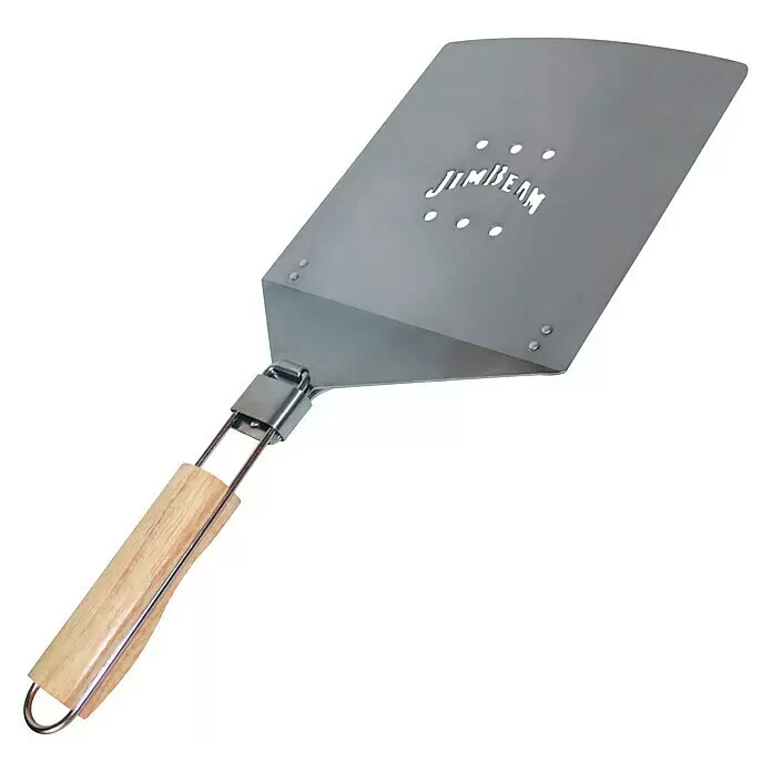 Jim Beam Grillgutwender - Länge: 54 cm - Silberne Pizzaheber aus Metall mit Holzgriff und Jim Beam-Logoausschnitt.