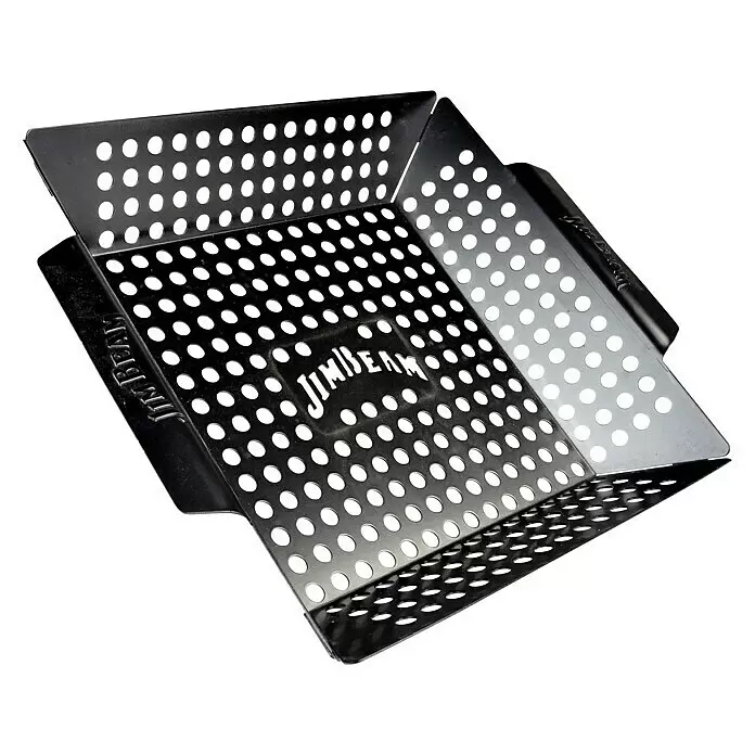 Jim Beam Gemüsekorb - Metall, L x B: 30,5 x 38,5 cm - Quadratischer, perforierter Grillkorb aus schwarzem Metall mit Jim Beam Logo.