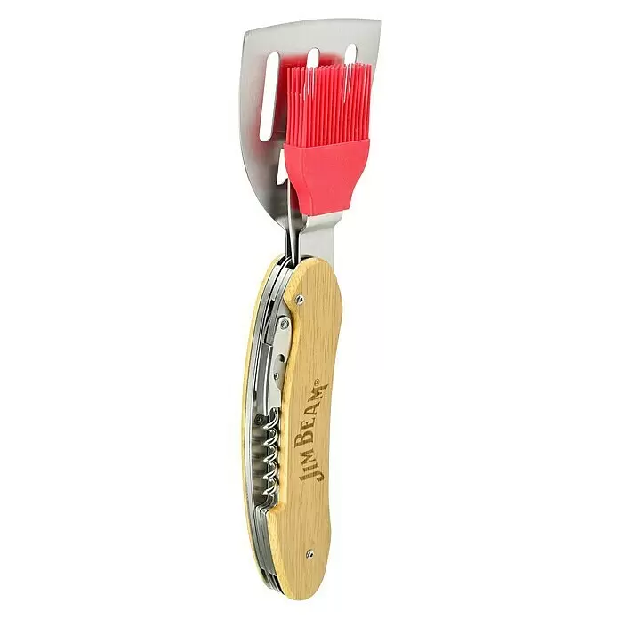 Jim Beam Grillbesteck - Länge: 42,3 cm, Silikon - Jim Beam Grill-Multitool mit Holzgriff, Metallspatel, rotem Silikonpinsel, Korkenzieher und Flaschenöffner.
