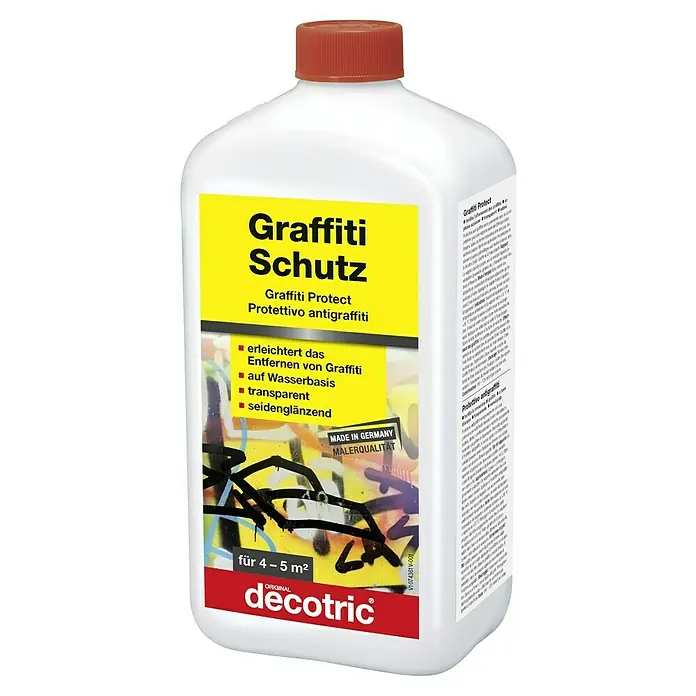 Decotric Graffiti-Schützer - 1 l - Abbildung einer Flasche Graffiti Schutz von Decotric, ein Produkt zum Schutz vor Graffiti, das die Entfernung von Graffiti erleichtert.
