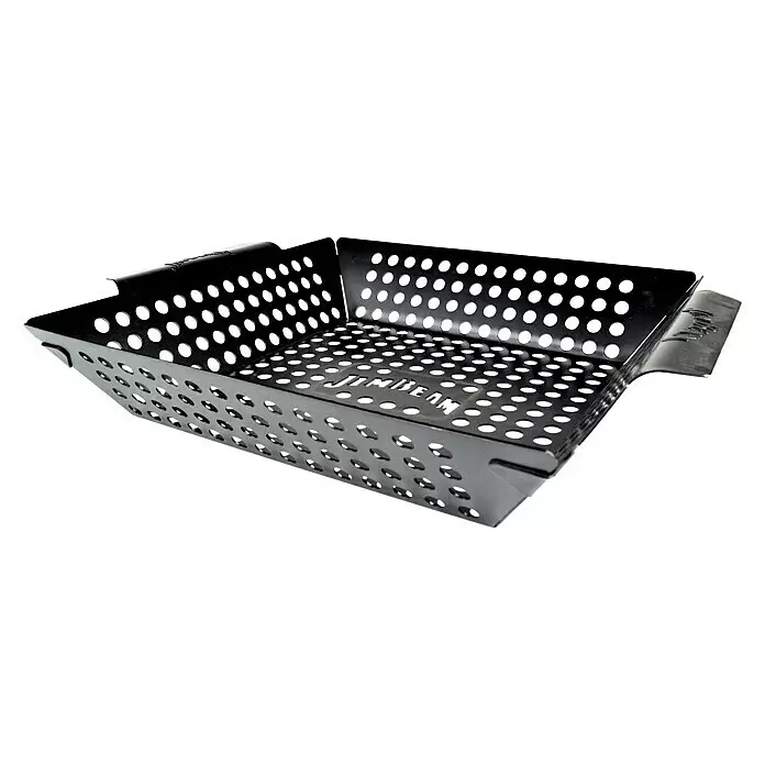 Jim Beam Gemüsekorb - Metall, L x B: 30,5 x 38,5 cm - Schwarzer perforierter Metall-Grillkorb mit „JIM BEAM“-Gravur am Boden.
