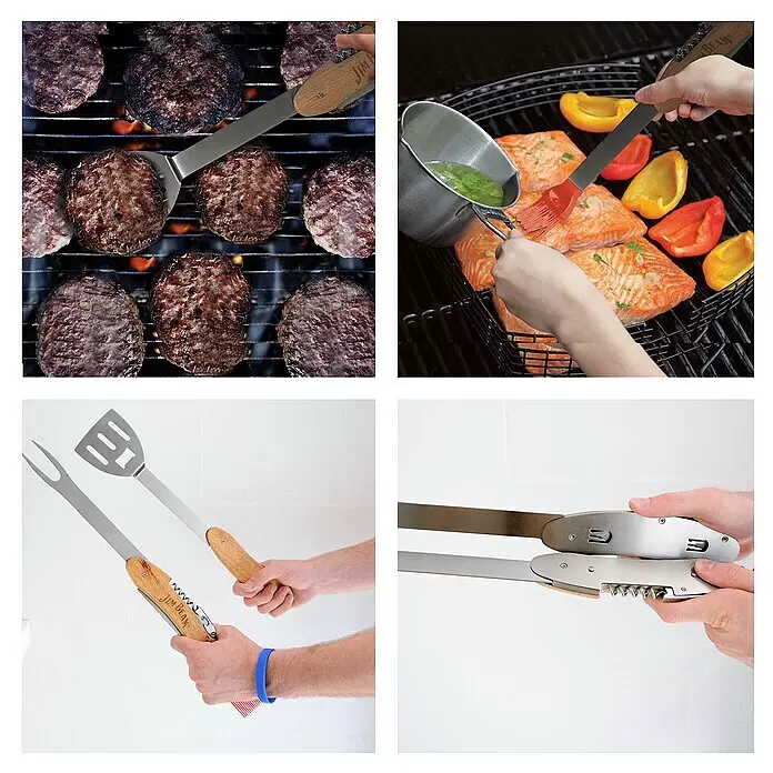 Jim Beam Grillbesteck - Länge: 42,3 cm, Silikon - Grillbesteck-Set aus Edelstahl mit Holzgriffen, beim Grillen von Burgern und Lachs. Enthält Spatel, Gabel, Pinsel und Multifunktionszange mit Korkenzieher.