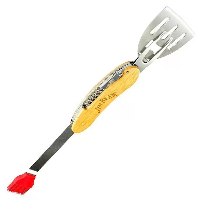 Jim Beam Grillbesteck - Länge: 42,3 cm, Silikon - Jim Beam BBQ-Multifunktionswerkzeug mit Holzgriff, Metallspatel, Backpinsel und Korkenzieher.