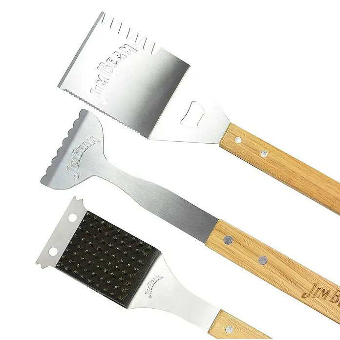 Jim Beam Grillbesteck Set II - Länge: 41 cm - Grillbesteckset von Jim Beam mit Spatel, Gabel und Reinigungsbürste mit Holzgriffen.