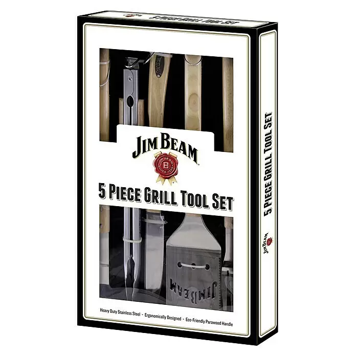 Jim Beam Grillbesteck Set - 5 -tlg. - Jim Beam 5-teiliges Grillbesteck im weißen Karton. Werkzeuge aus Edelstahl mit Parawood-Griffen.