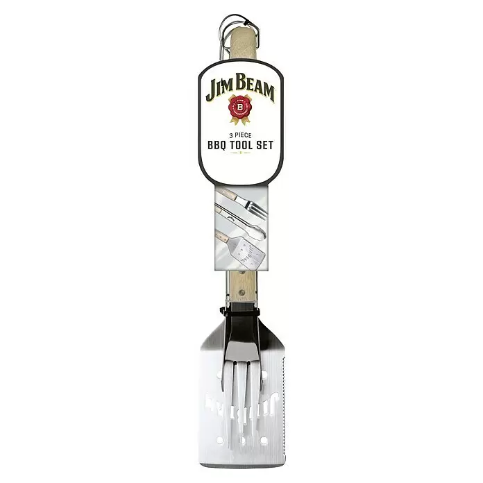 Jim Beam Grillbesteck Set I - Länge: 46 cm - Jim Beam 3-teiliges Grillbesteck-Set: Edelstahl-Wender, -Zange und -Gabel mit Holzgriffen.