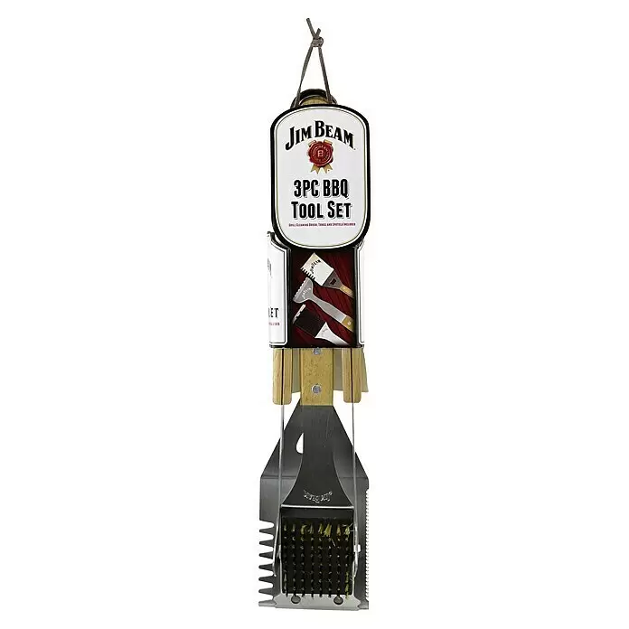Jim Beam Grillbesteck Set II - Länge: 41 cm - Jim Beam 3-teiliges Grillbesteck-Set in Markenverpackung, bestehend aus Grillbürste, Zange und Spatel mit Metallköpfen und Holzgriffen.