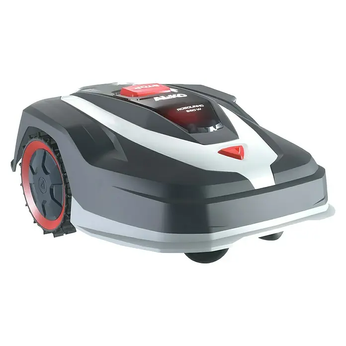AL-KO Mähroboter Robolinho 550W - 550 m², Schnittbreite: 20 cm, Induktionsgestützte Navigation, Begrenzungskabel - Aufnahme des AL-KO Robolinho 550 W Mähroboters, ideal für Rasenflächen bis 550 m². Zu sehen sind das futuristische Design und die roten Akzente.